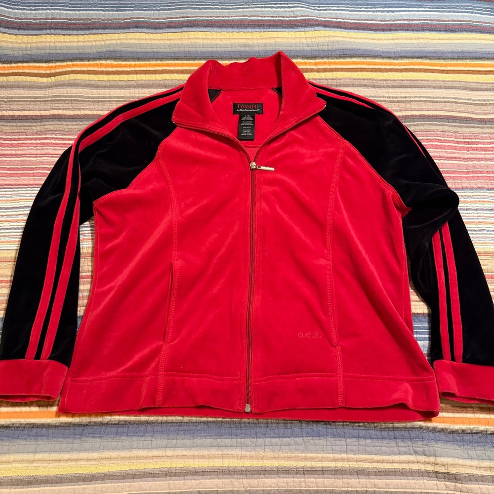 Oleg Cassini Sport Red Black Velour Track Jacket Full Zip Athletic‎ Womens L